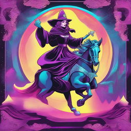 The Chariot Tarot card illustrated in the vibrant, electronic style of retro wave featuring a jubilant witch as the main character