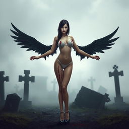 A thin girl with round, enhanced breasts, positioned at the center of the image in a full body view, wearing a tight thin white transparent latex thong leotard with a bloody effect, complemented by stylish high heel shoes