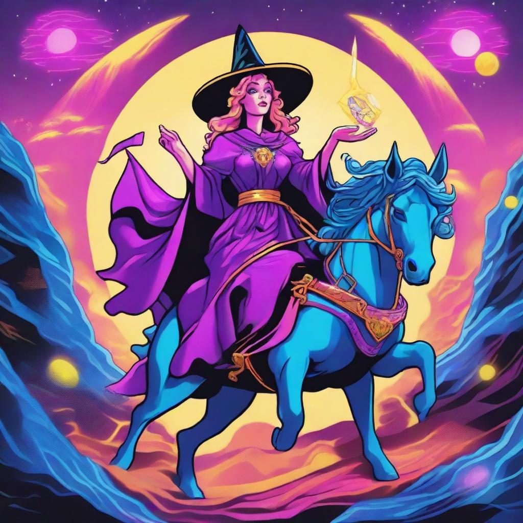 The Chariot Tarot card illustrated in the vibrant, electronic style of retro wave featuring a jubilant witch as the main character