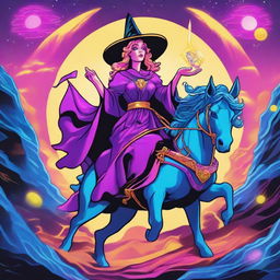 The Chariot Tarot card illustrated in the vibrant, electronic style of retro wave featuring a jubilant witch as the main character