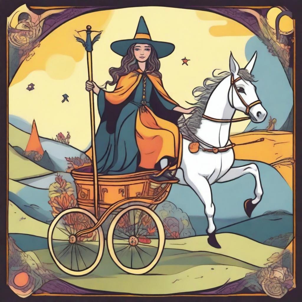 The Chariot Tarot card designed in a playful style with a happy witch as the main character