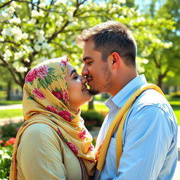 An intimate and tender moment captured as an Israeli man leans in to kiss a Muslim woman, both wearing traditional attire that reflects their cultural backgrounds