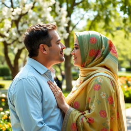 An intimate and tender moment captured as an Israeli man leans in to kiss a Muslim woman, both wearing traditional attire that reflects their cultural backgrounds