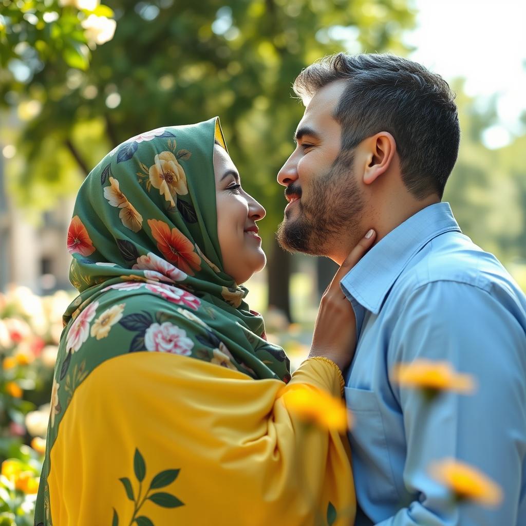 An intimate and tender moment captured as an Israeli man leans in to kiss a Muslim woman, both wearing traditional attire that reflects their cultural backgrounds