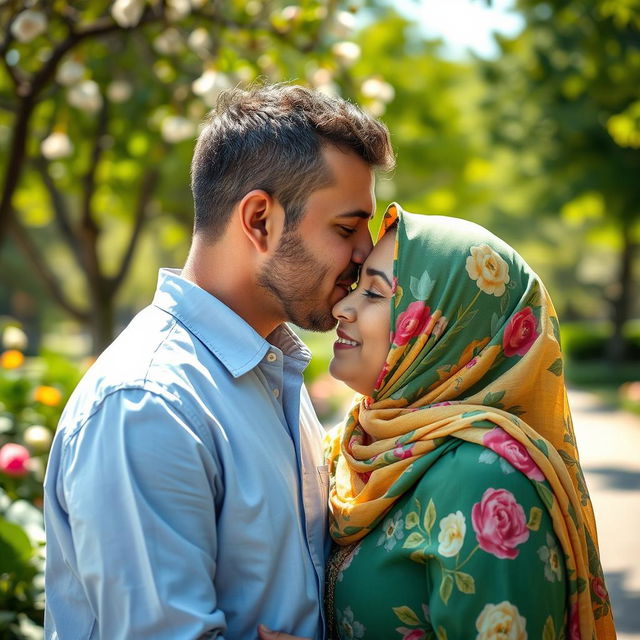 An intimate and tender moment captured as an Israeli man leans in to kiss a Muslim woman, both wearing traditional attire that reflects their cultural backgrounds