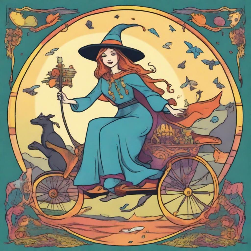 The Chariot Tarot card designed in a playful style with a happy witch as the main character