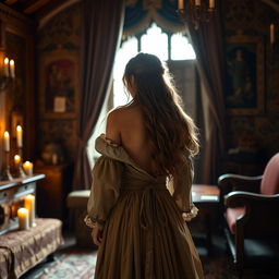 A beautiful 18-year-old young woman in a medieval bedroom, seen from the back as she removes the top of her dress