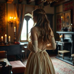 A beautiful 18-year-old young woman in a medieval bedroom, seen from the back as she removes the top of her dress