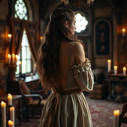 A beautiful 18-year-old young woman in a medieval bedroom, seen from the back as she removes the top of her dress