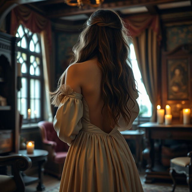 A beautiful 18-year-old young woman in a medieval bedroom, seen from the back as she removes the top of her dress