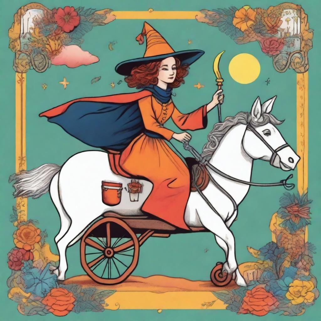 The Chariot Tarot card designed in a playful style with a happy witch as the main character