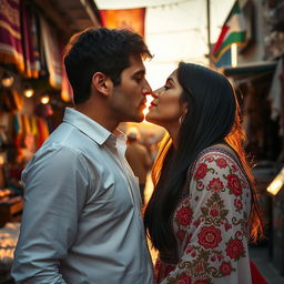 A poignant scene depicting a passionate kiss between a Jewish man and a Palestinian woman