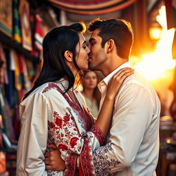 A poignant scene depicting a passionate kiss between a Jewish man and a Palestinian woman