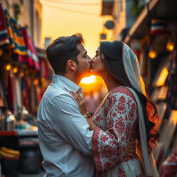 A poignant scene depicting a passionate kiss between a Jewish man and a Palestinian woman