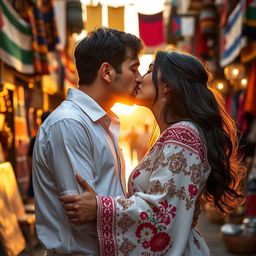 A poignant scene depicting a passionate kiss between a Jewish man and a Palestinian woman