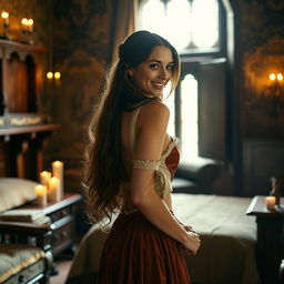 A beautiful 18-year-old young woman in a medieval bedroom, seen from the back as she removes the top of her dress