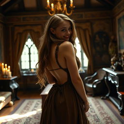 A beautiful 18-year-old young woman in a medieval bedroom, seen from the back as she removes the top of her dress