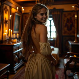 A beautiful 18-year-old young woman in a medieval bedroom, seen from the back as she removes the top of her dress