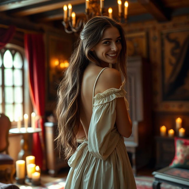 A beautiful 18-year-old young woman in a medieval bedroom, seen from the back as she removes the top of her dress