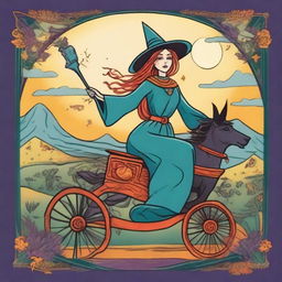 The Chariot Tarot card designed in a playful style with a happy witch as the main character