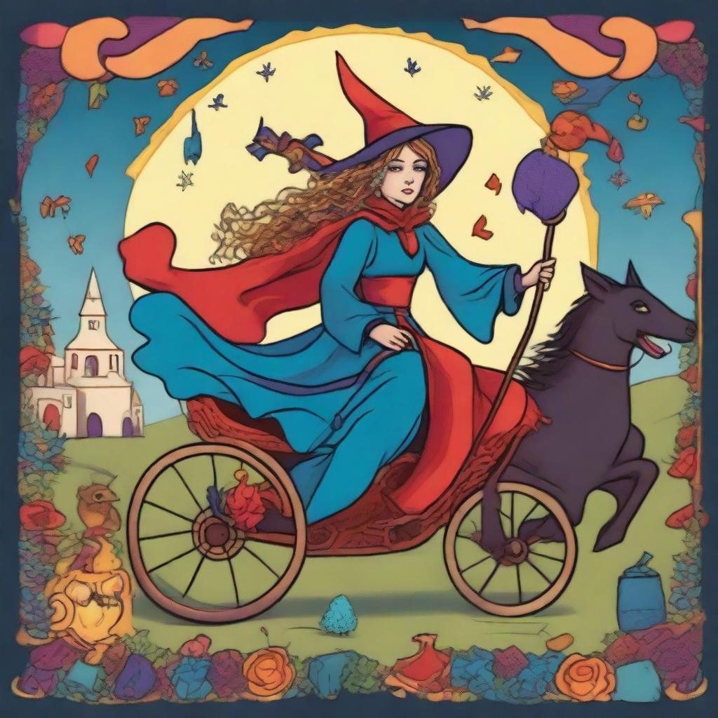 A playful rendition of The Chariot Tarot card in vivid colors