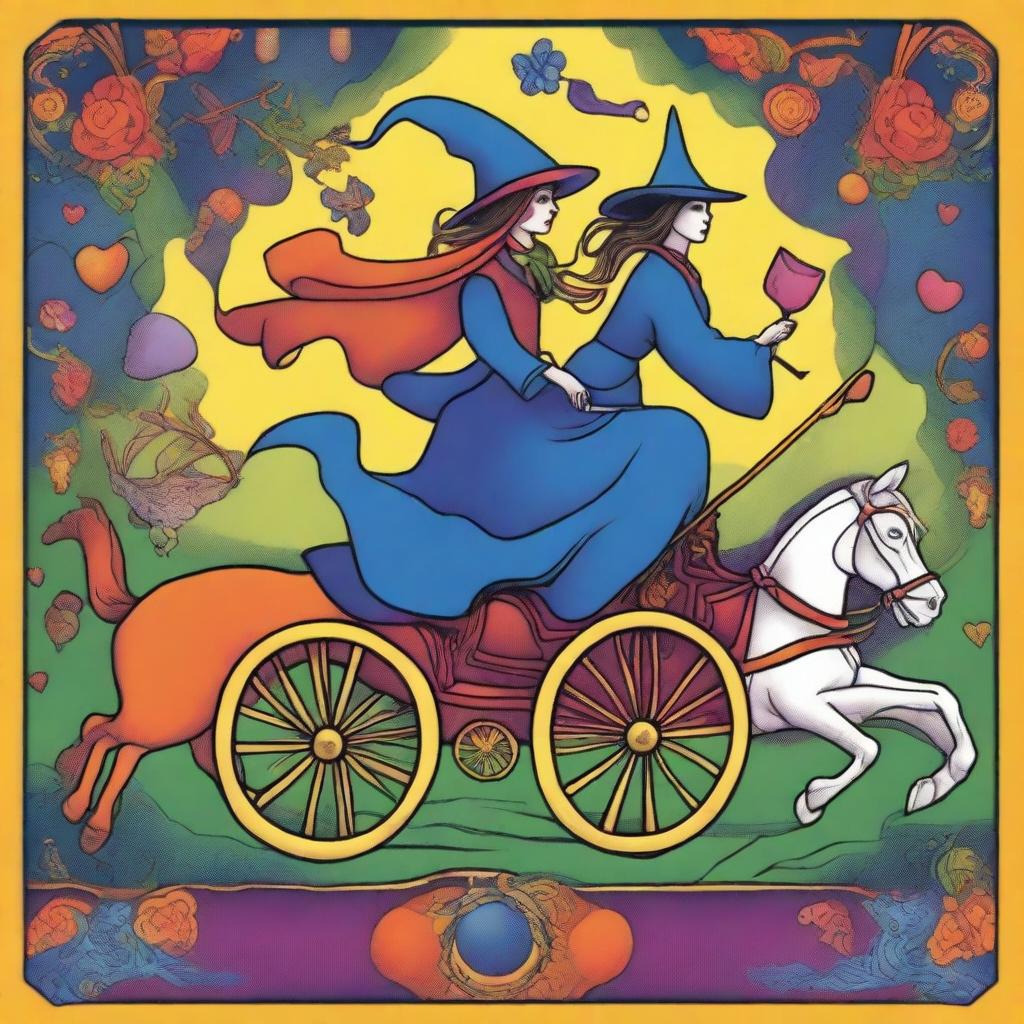 A playful rendition of The Chariot Tarot card in vivid colors