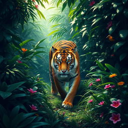 A majestic tiger prowling through a lush green jungle, surrounded by dense foliage, tropical plants, and vibrant flowers