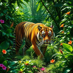 A majestic tiger prowling through a lush green jungle, surrounded by dense foliage, tropical plants, and vibrant flowers
