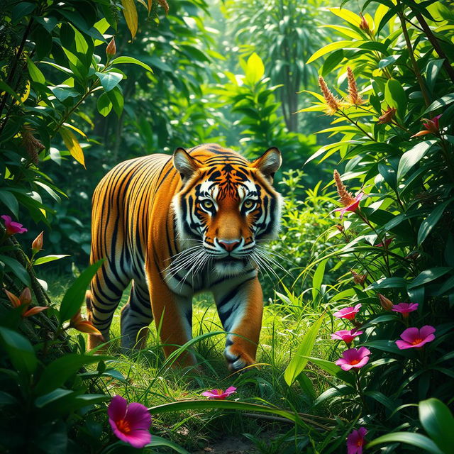 A majestic tiger prowling through a lush green jungle, surrounded by dense foliage, tropical plants, and vibrant flowers