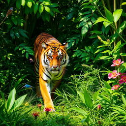 A majestic tiger prowling through a lush green jungle, surrounded by dense foliage, tropical plants, and vibrant flowers