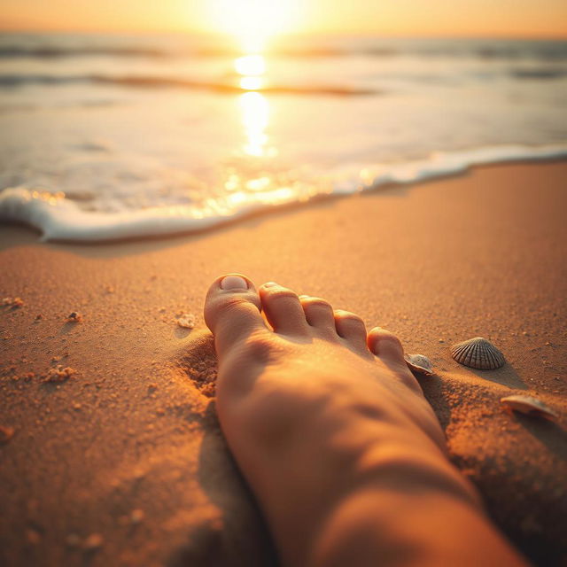 A close-up view of a bare foot resting on soft, golden sand at the beach, with gentle waves lapping in the background and the sun setting on the horizon, casting a warm golden glow