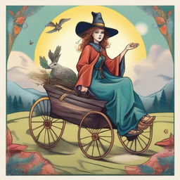 The Chariot Tarot card showcasing a jovial witch as the main character, portrayed in a dreamy and playful style