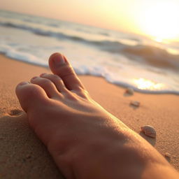 A close-up view of a bare foot resting on soft, golden sand at the beach, with gentle waves lapping in the background and the sun setting on the horizon, casting a warm golden glow