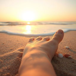 A close-up view of a bare foot resting on soft, golden sand at the beach, with gentle waves lapping in the background and the sun setting on the horizon, casting a warm golden glow