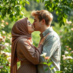An intimate scene showing a Christian man and a Muslim woman sharing a tender kiss in a serene garden