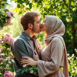 An intimate scene showing a Christian man and a Muslim woman sharing a tender kiss in a serene garden