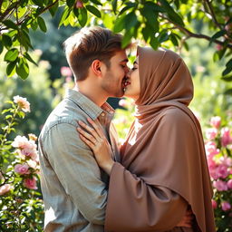 An intimate scene showing a Christian man and a Muslim woman sharing a tender kiss in a serene garden