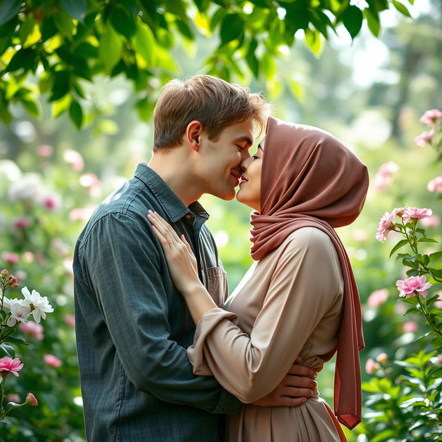 An intimate scene showing a Christian man and a Muslim woman sharing a tender kiss in a serene garden