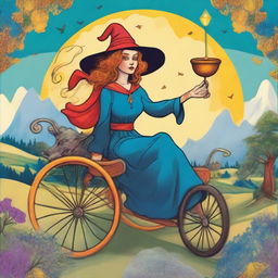 The Chariot Tarot card showcasing a jovial witch as the main character, portrayed in a dreamy and playful style