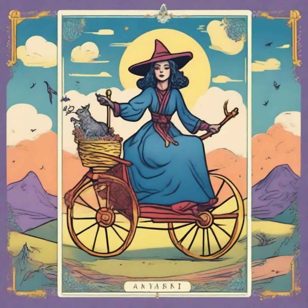 The Chariot Tarot card showcasing a jovial witch as the main character, portrayed in a dreamy and playful style