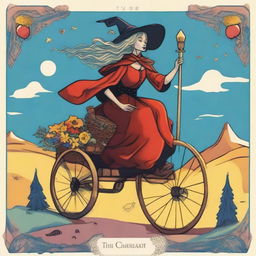 The Chariot Tarot card showcasing a jovial witch as the main character, portrayed in a dreamy and playful style