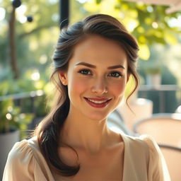 An elegant woman with natural beauty, well-groomed hair styled elegantly, and minimal makeup radiating simplicity