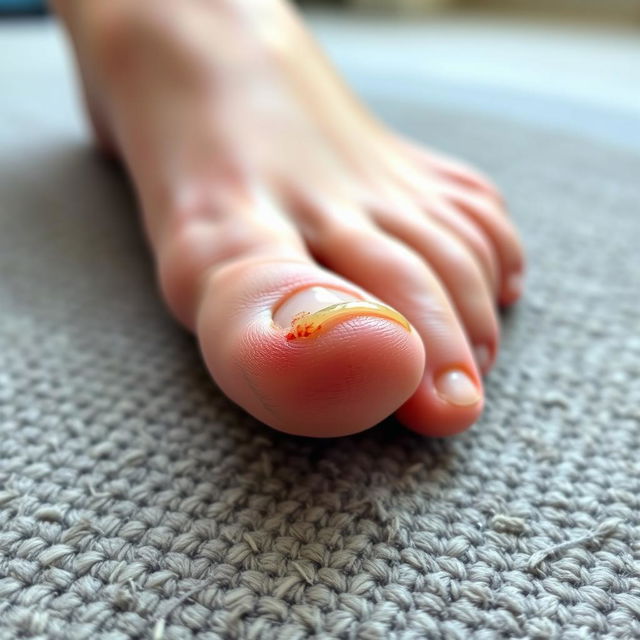 A close-up view of a foot with a damaged toenail, showcasing the intricate details of the nail with discoloration and a slightly jagged edge