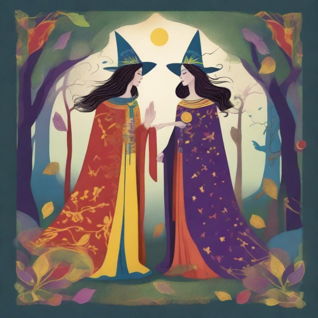 A dreamy and playful interpretation of The Lovers Tarot card featuring two jovial witches as the main characters