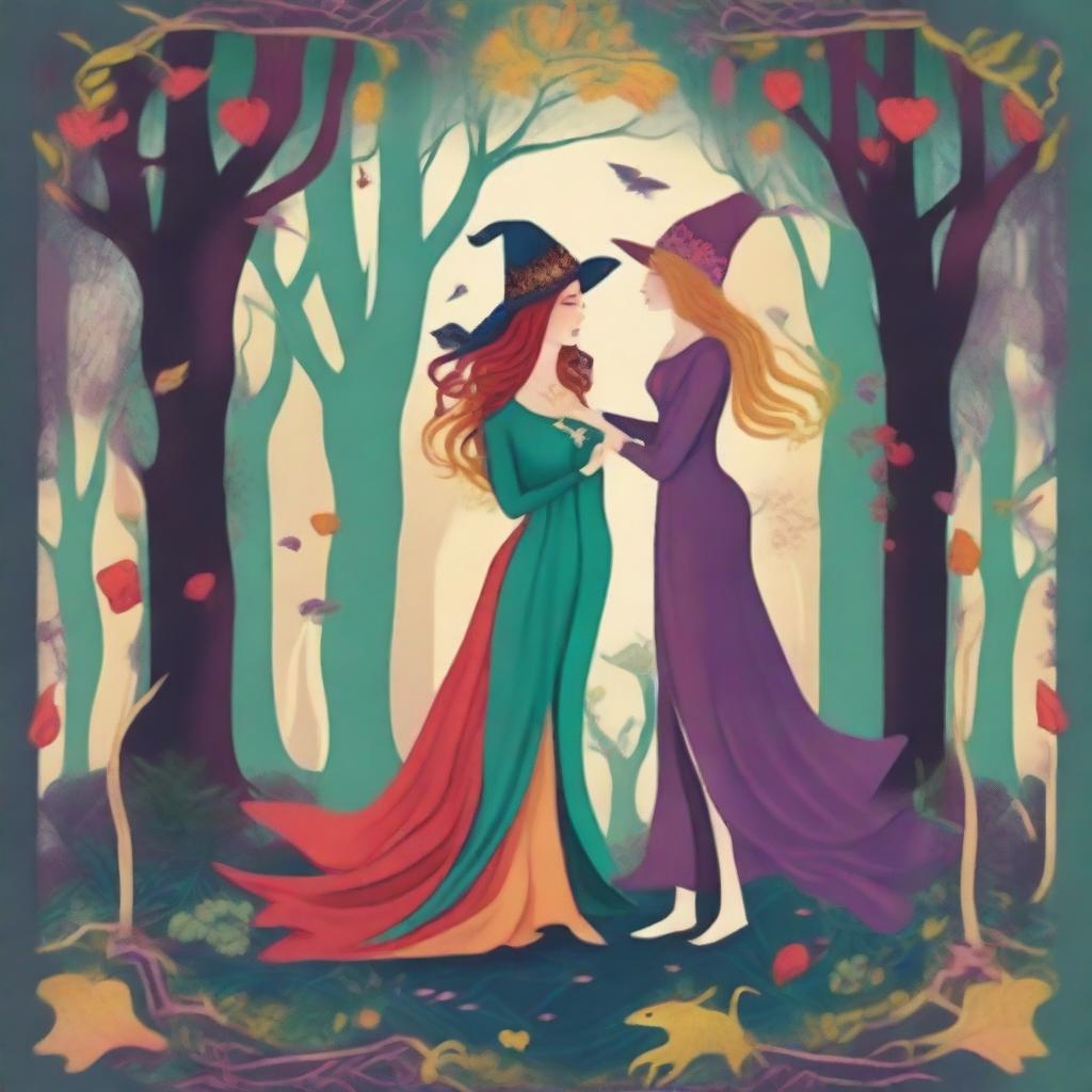 A dreamy and playful interpretation of The Lovers Tarot card featuring two jovial witches as the main characters