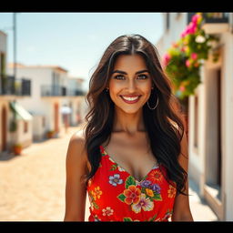 A charismatic 35-year-old Spanish woman with dark hair and expressive brown eyes that sparkle with confidence and joy