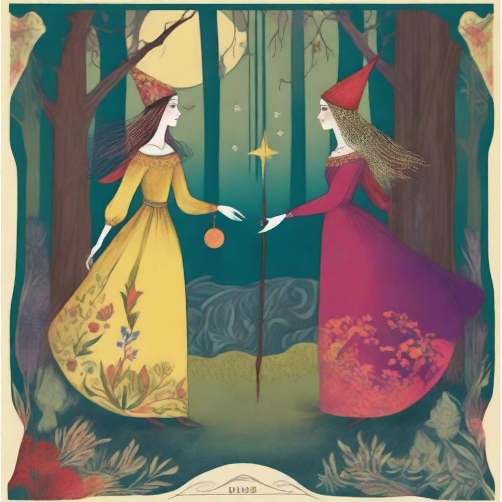 A dreamy and playful interpretation of The Lovers Tarot card featuring two jovial witches as the main characters