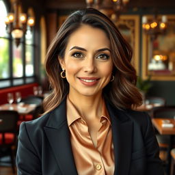 A 35-year-old Spanish woman with soft facial features and a warm, inviting gaze