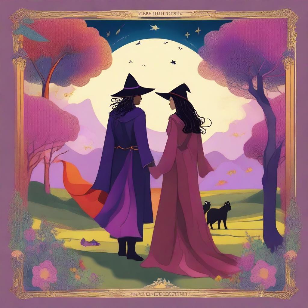 An artistic rendition of The Lovers Tarot card, framed in vivid colors and rendered in a playful, dreamy style