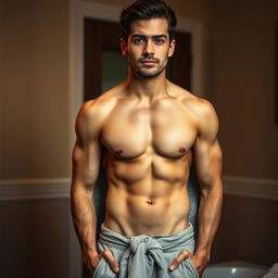 A handsome male figure, casually half-naked, with only a towel draped around his waist, creating a relaxed and seductive vibe